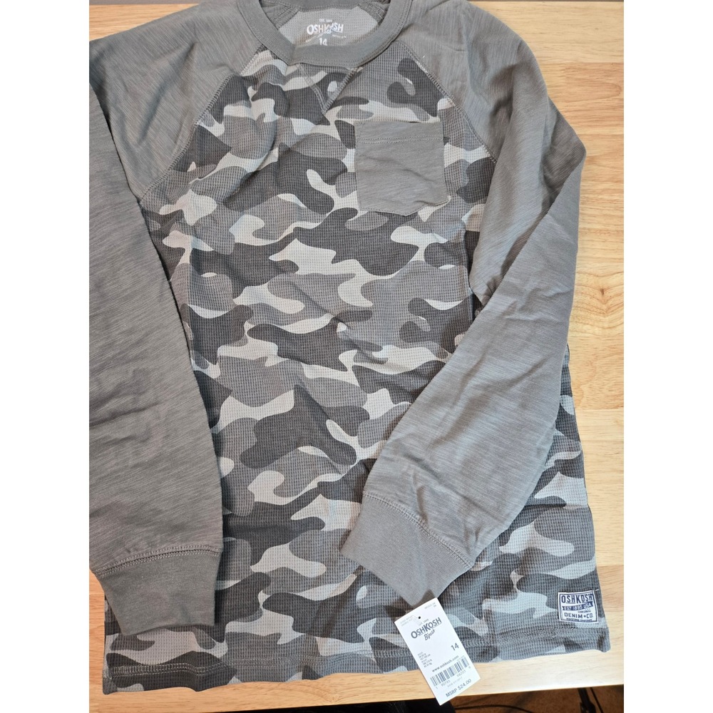 OshKosh Bgosh Boys Grey Camo Thermal Shirt Long Sleeve Pocket Top Size 14 NWT
